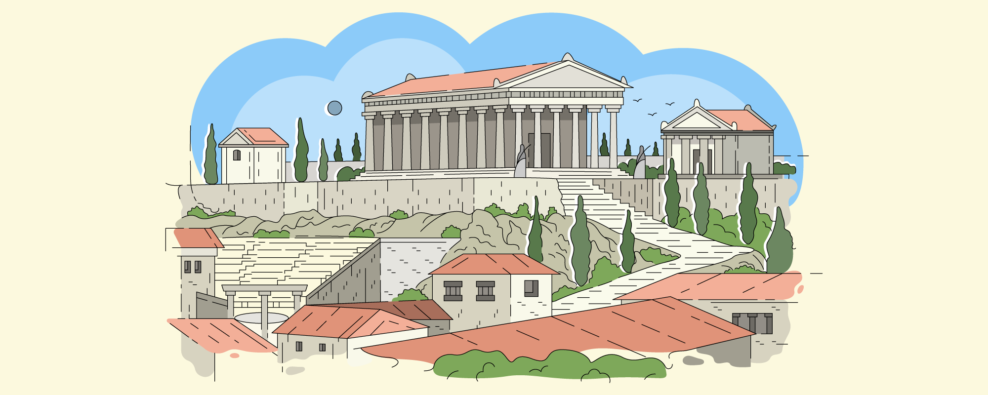 Ilustración a color que muestra edificaciones de la época de la Antigua Grecia.