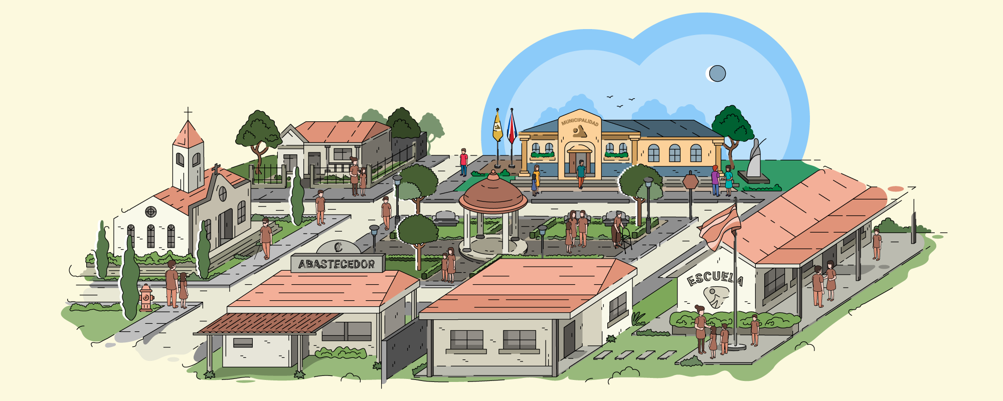 Ilustración de pueblo típico costarricense. Se pueden observar casas, negocios, una iglesia, una escuela, un parque, un edificio municipal y personas en espacios públicos